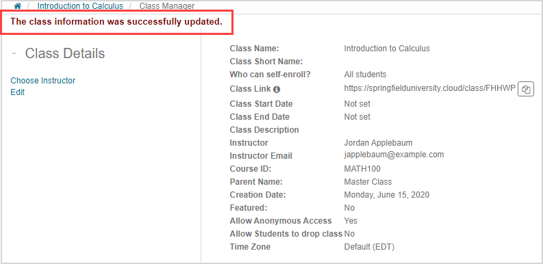 Message "The class information was successfully updated" on the Class Manager page and in the list on the right, Yes is next to Allow Anonymous Access.
